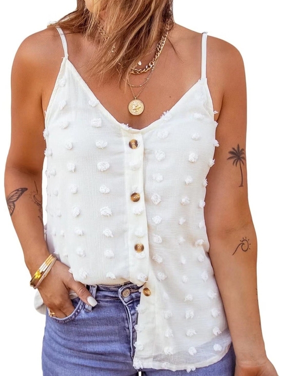 Blencot Tops - White V Neck Button Front Sleeveless Top